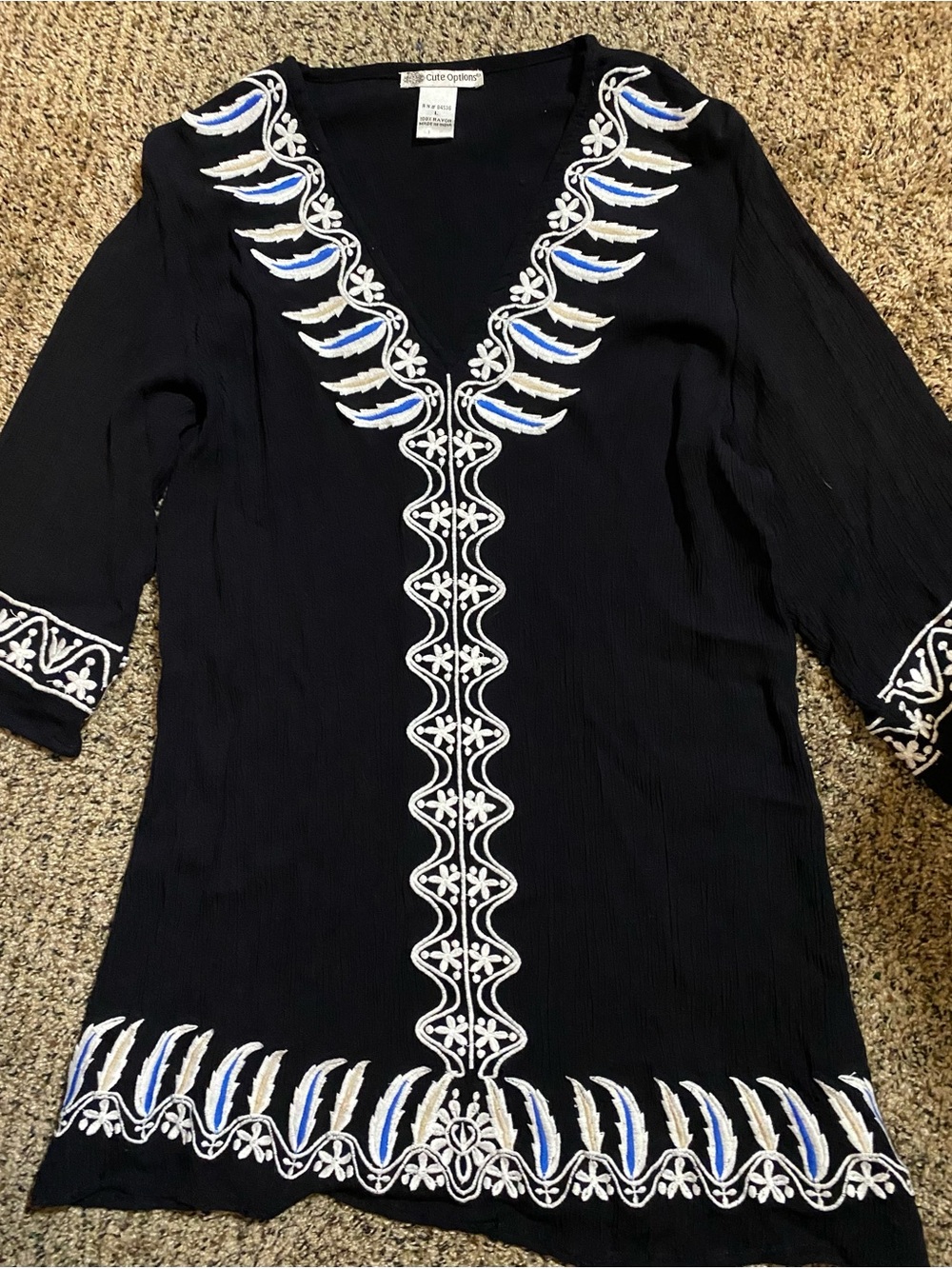 Vintage Black V-Neck Mini Dress/Tunic with Embroidered Feathers & Flowers